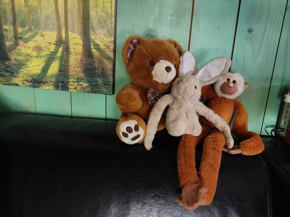 Les peluches attendant la visite d'une maman et son bébé